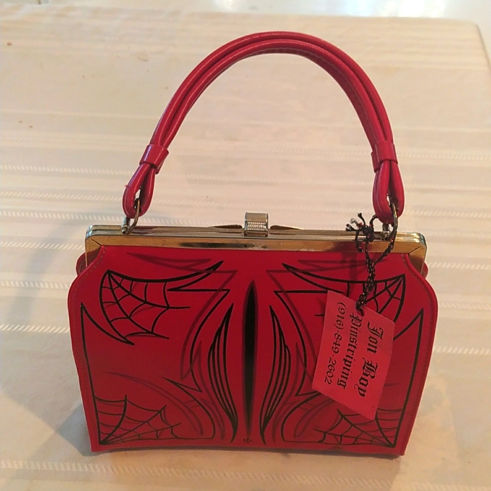 Custom gothic red and black spiderweb pinstriped retro purse w metal closure